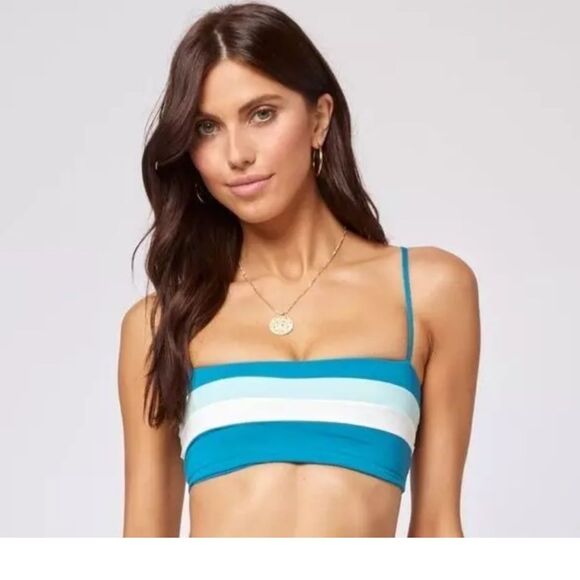 L*Space Rebel Stripe Bikini Top NWT Beautiful Mediterranean-Cream- Pool XS $99 - Picture 3 of 10